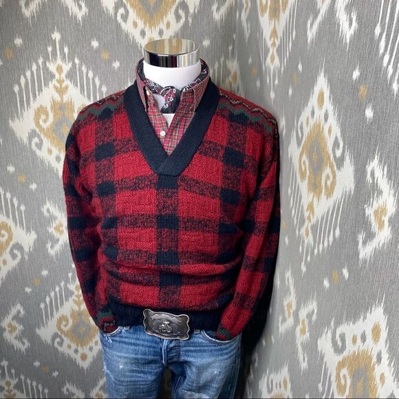 Polo Ralph Lauren Vintage Hand Knit Red & Black Multi Wool V-Neck L/S Sweater - Picture 2 of 16